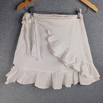 Ghanda Skirt Womens Size S White Mini Wrap Front Ruffle Hem Lined