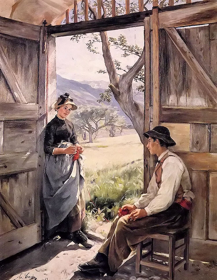 Oil painting marie caire tonoir - young farmers Farmer couple hand