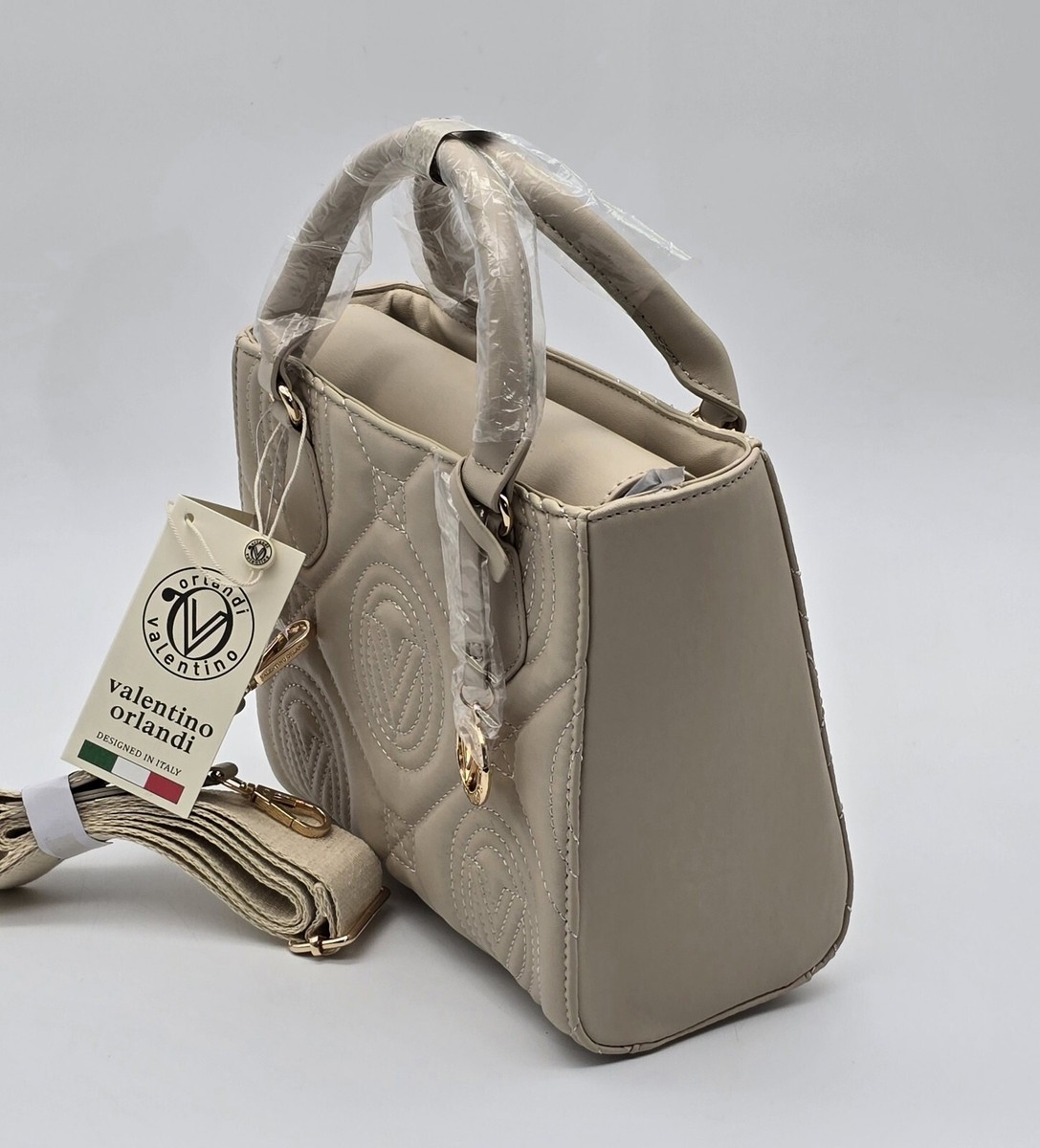 Valentino Orlandi Tote Bag Light Taupe Gold Charms Wide Detachment Strap NWT