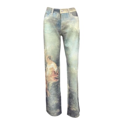 Archiv Roberto Cavalli Herbst 1994 Rokoko Malerei Denim Jeans Hose Vintage
