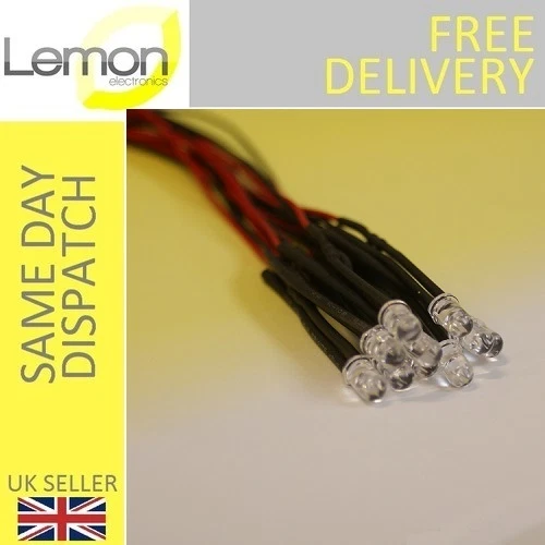 12V Pre-Wired Ultrabright Waterclear 5mm LED Various Colours LEDs