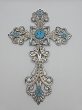 Rustic Western Turquoise Wall Cross   Brown Resin Cross with Faux Turquoise Gems