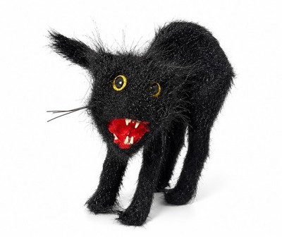Vintage Halloween Black Cat Figure Spooky Flocked Decoration Scared Cat Decor