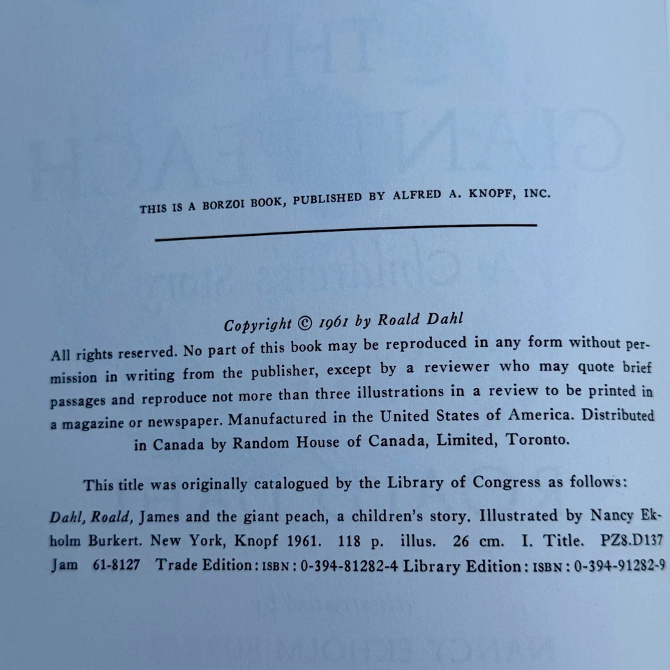 1st EDITION, 1st PRINTING, ROALD DAHL, 1961 JAMES AND THE GIANT PEACH WITH DJ - Image 4 of 4