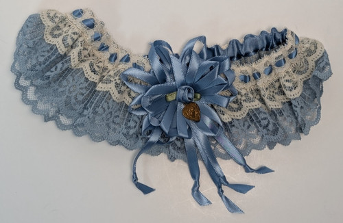 Vtg Blue Lace Wedding Garter “Love You” Heart Charm Something Blue Bridal