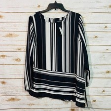 Roz & Ali Women's Blouse Tops Size L Black White Striped High-low Hem.