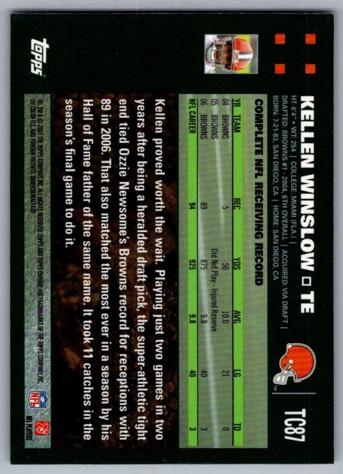 2007 Topps Chrome Kellen Winslow Cleveland Browns #TC87 - Image 2 of 2