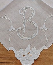 Vgt B Monogram White Appluque White Embroidered Hankie Handkerchief