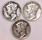 (3) Mercury Dimes - Very Fine/Extra Fine - 1942P 1943P 1944P - Details - #2839ED