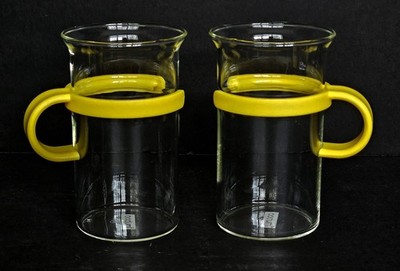 Set of 2 Bodum Bistro Glassware Mugs 157 Yellow Round Handles 4 3/4'' 10oz HTF