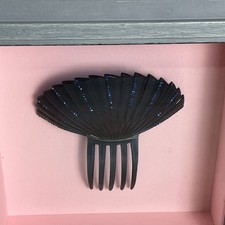 Vintage Framed Art Deco Celluloid Hair Comb Large Fan Shape Black Blue Glitter