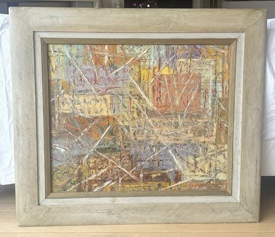 Harold Haydon Chicago Cityscape Oil Painting  1956 Mid Century Modern Abstract