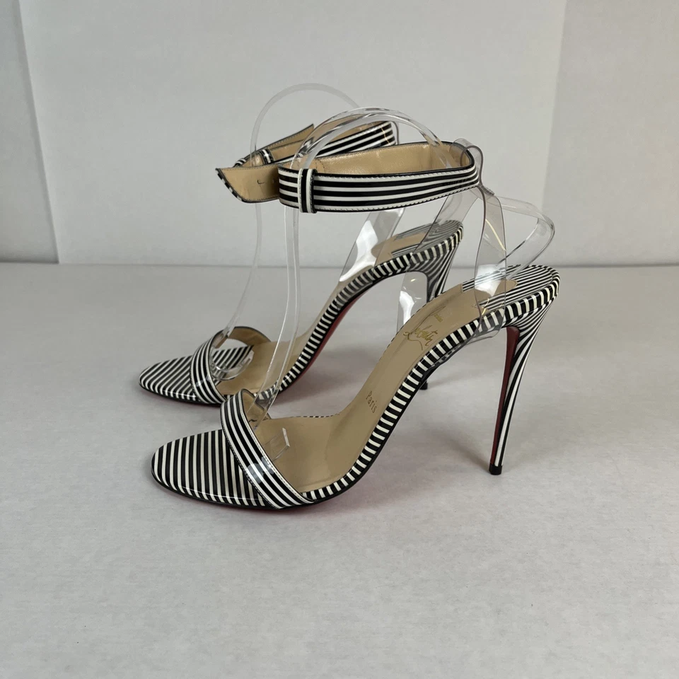 Christian Louboutin Jonatina 100 黑色白色条纹专利凉鞋高跟鞋 40 码 — 第 4/4 张图片