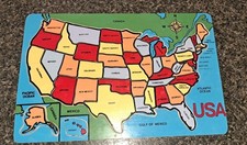 Vintage Wooden Educational Puzzle Map United States USA with State Capitols GUC