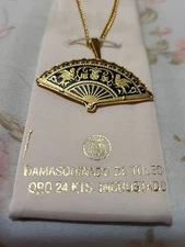 Damascene Gold Bird Fan Pendant. Comes Wirh A Long Necklace