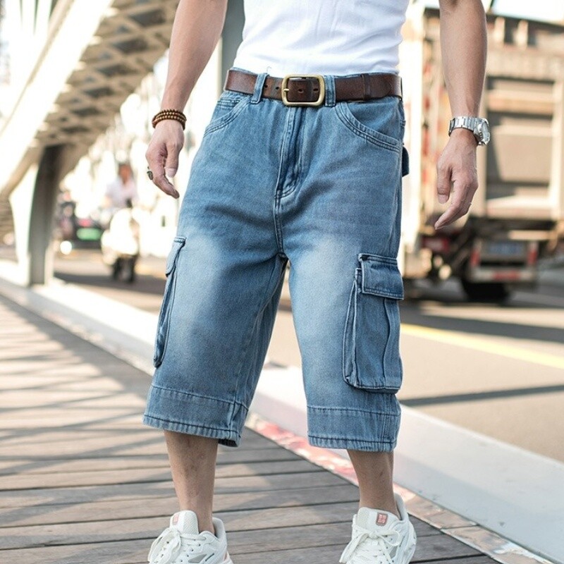 Men Loose Denim Shorts Hip Hop 3/4 Length Jeans Baggy Roll Up