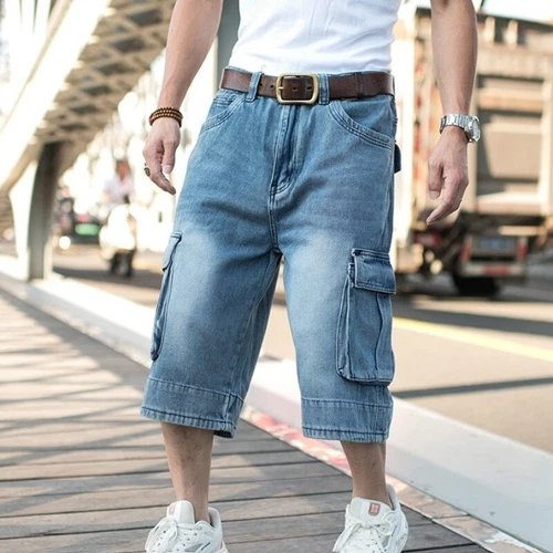 Herren Denim Baggy Loose Shorts Hip Hop 3/4 Länge Jeans Roll Up Cargo Tasche - Bild 14 von 18
