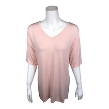 H By Halston Women's Pullover Essentials V-Neck Tee Top Pure Pink 1X Plus Size 