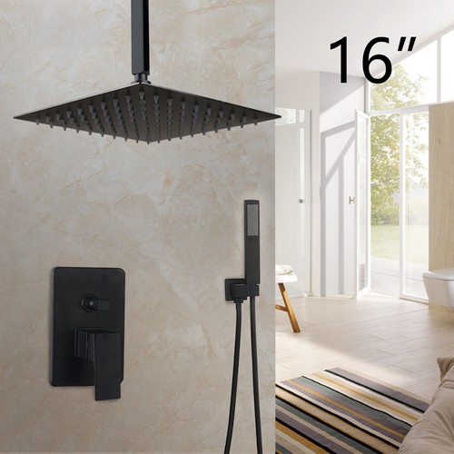 Black Ceiling Mount Shower Tap Set Rainfall Head 2-Way Mixer Valve+ Hand Faucet - Picture 37 of 79