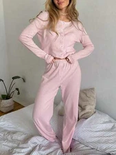 Women's Button-Front Ribbed Pajama Set With Long Sleeves