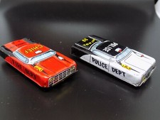 VTG - '60s TN NOMURA TOY CO JAPAN apprx 2.5" TIN LITHO CARS 1x FIRE  1x POLICE