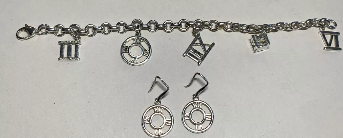 Tiffany Co Atlas Numeral Roman 5 Charm Bracelet Silver Matching Earrings
