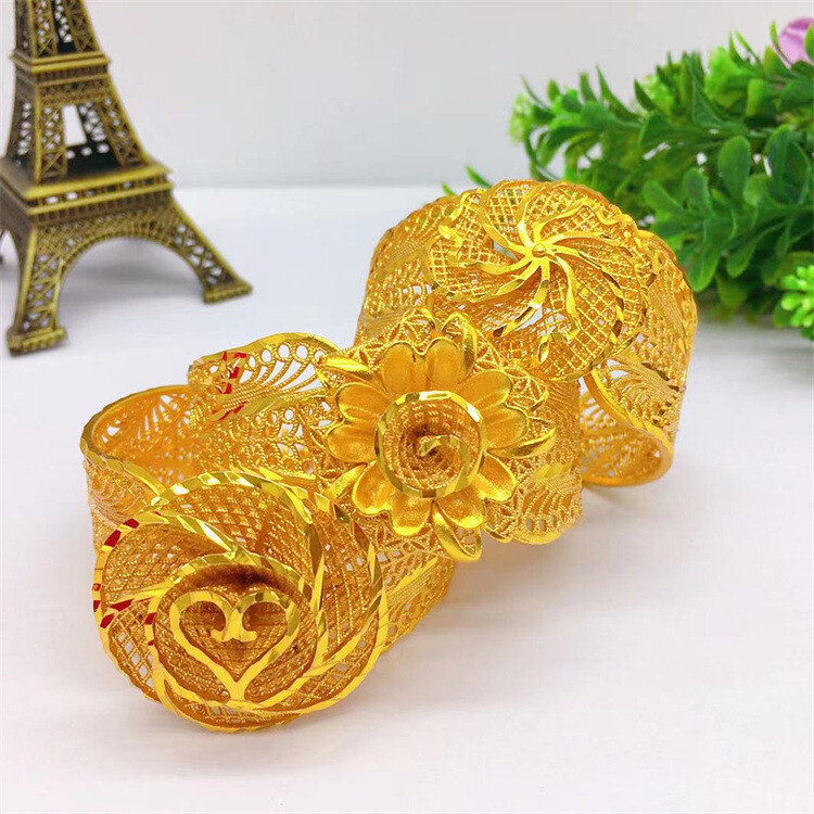 24K Yellow Gold Plated Wide 30mm Big Flower Open Up Women's Bangle