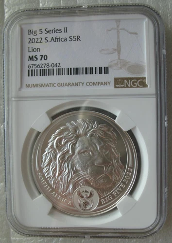 South Africa R5 2022 Silver 1Oz BU Coin Big5 Lion NGC MS70