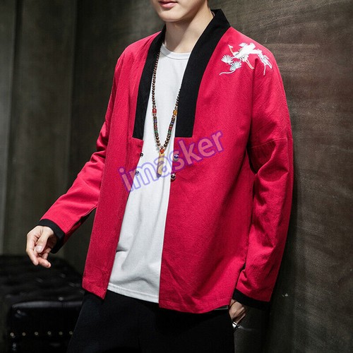 Chaqueta de hombro estilo chino para hombre grúa caída Top manga larga kimono abrigo ropa exterior - Imagen 13 de 26