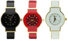 GENEVA ROUND DIAL POLISHED GLOSSY COAT,GOLD TONE STEEL BRACELET CUFF WATCH
