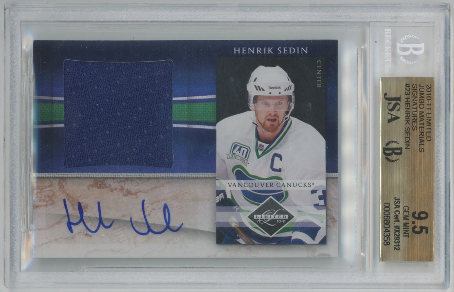2010 Limited Jumbo Jersey Auto 23 Henrik Sedin JSA Auto (1) Beckett 10 (auto) 73