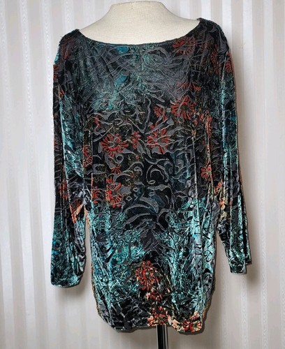 Coldwater Creek Womens Sz XXL Velvet Burnout Top Black Teal Coral Floral EUC - Picture 2 of 8