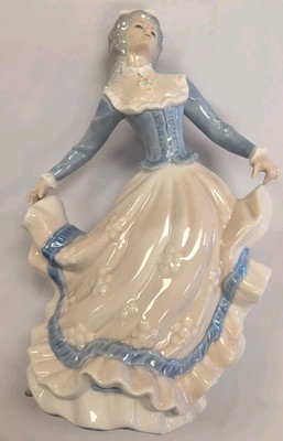 Vintage Tengra Porcelain Lady Figurine In White ~ Blue Dress 12'' x 8'' 