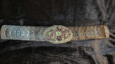 Vintage Ornate Silver-Tone Belt with Green Rhinestone Filigree Buckle L K
