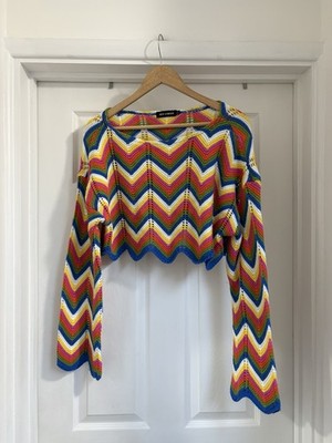 QED London Women's Zig Zag Multicolour Crop Knit Sweater Jumper Top Size M 12-14