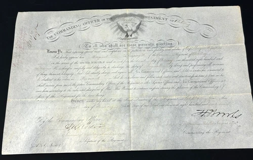 Original Civil War Artillery Commanding Officer Named Promotion Certificate