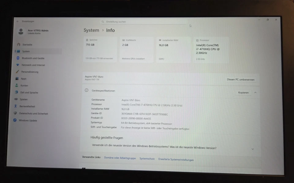 Notebook Acer Nitro VN7-791 17,3" i7 CPU FHD 16GB RAM 256GB M.2/500GB SSD DVD - Bild 4 von 4