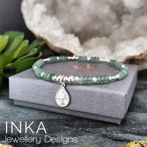 925 Sterling Silver bead Stacking Bracelet Aventurine and A Tree Of Life By INKA