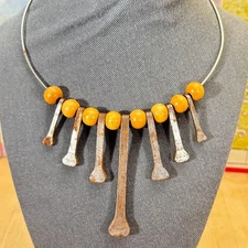 Brutalist Torc Necklace Horseshoe Nail Pendant Spikes and Wood Beads, 5"dia