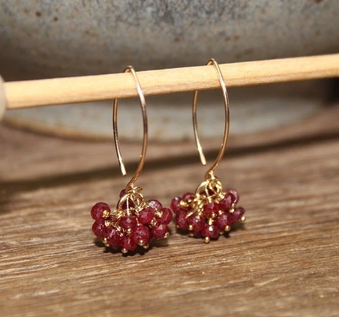 18K solid Gold Ruby Beads July Dangle Earrings Jewelry | Handmade Gemstone h66 - Image 3 of 4