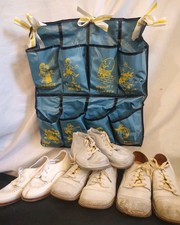 60's Vintage Children's Shoe Organizer Rack w 4 Pairs of White Kids Shoes Boots