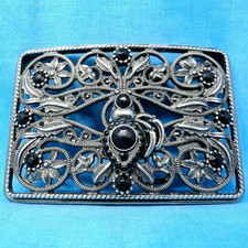 Floral Scroll Belt Buckle Ornate Open Work Flowers Vines Rhinestones Vtg .MMR261
