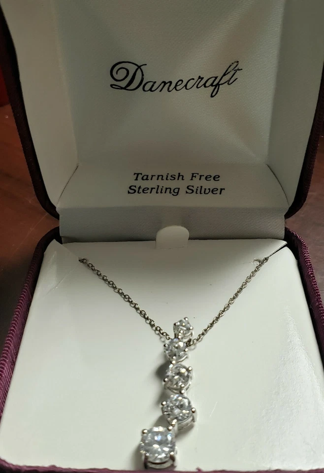 Danecraft Sterling Silver Swerved Drop CZ Stones Pendant 18 in. Chain New in Box - Image 2 of 4