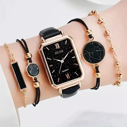 Watch Set + 4 Women's Quartz Bracelets Dial Jewelry Leather Fashion Black Gift - Picture 3 of 8