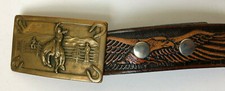 Vintage Brass Western Belt Buckle Bronco Buster Cowboy  tooled 45" leather belt