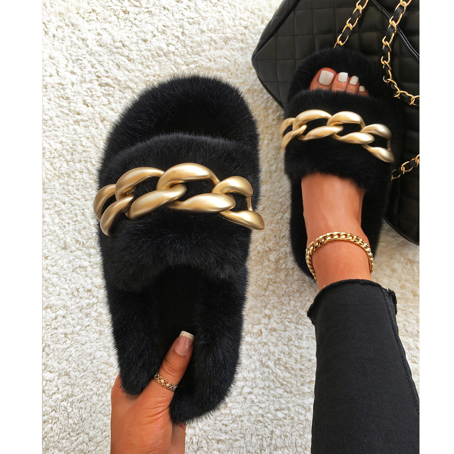 Faux Fur Slippers Gold Chain Fluffy Non-slip Women's Furry Slippers Heel  Shoes | eBay