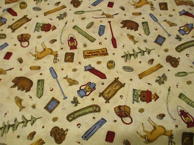 1 Fat Quarter New Cotton Fabric Outdoors Up North Cabins Fishing Hiking Canoeing