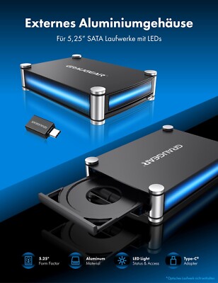 Gehäuse  5,25 SATA Laufwerke USB 3.0 und eSATA Anschluss blaue LED USB-C Alu