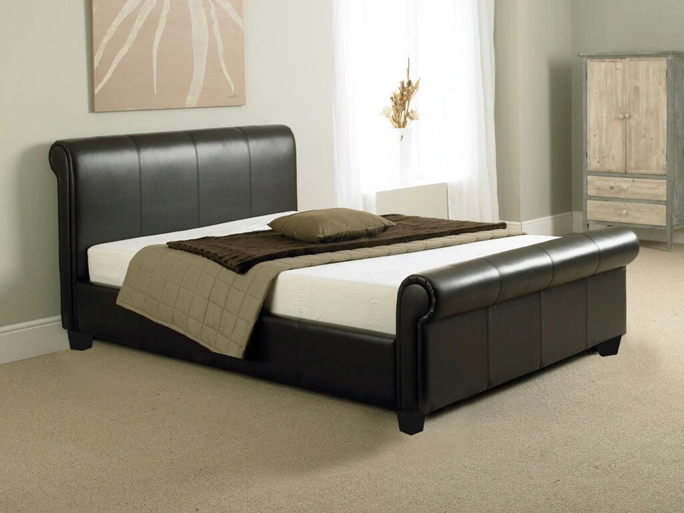 GIOMANI DESIGNS TUSCANY 4FT6 DOUBLE BED OR KINGSIZE 5FT LEATHER SLEIGH BED MEMORY FOAM MATTRESS
