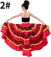 Girls Kids Satin Swing Layered Skirt Dance Costume Spanish Dancewear Patchwork